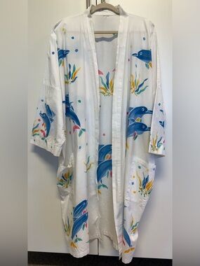 Vintage Dolphin Print Kimono Robe Beach Cover Up Cotton Pockets